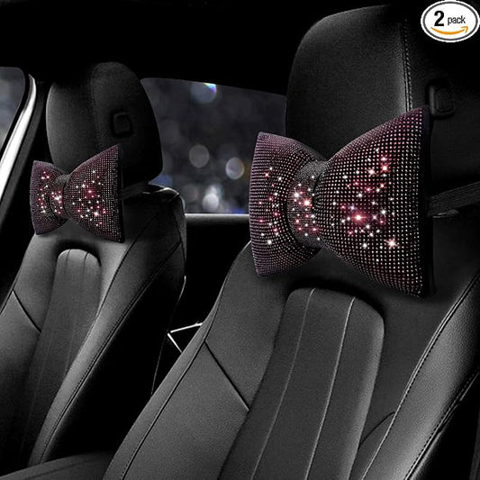 surpassme 2PCS Rhinestone Car Headrest Neck Pillow for Driving with Bling Bling Crystal Bow Pillow Car Accessories for Women (Purple)