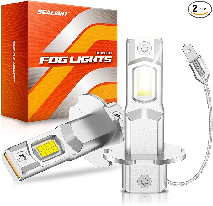 SEALIGHT H3 LED Fog Light Bulbs, 44000LM Output 6000K Cool White H3 LED Bulb, Mini Size Plug & Play H3 Bulbs for Fog Lights, 2 Pack