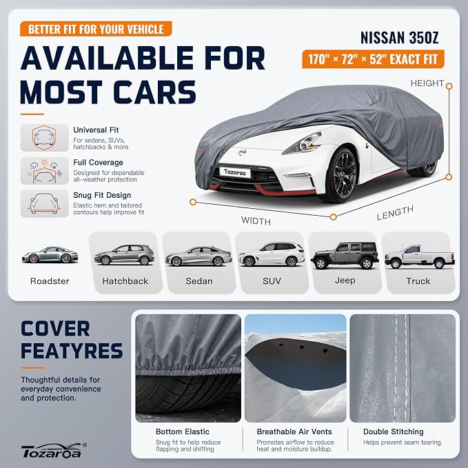 Car Cover Waterproof All-Weather,Outdoor Full Exterior Coupe Covers (166-178 inch) Custom Fit for Porsche 718,Toyota 86 Supra,BMW Z4,Nissan Z,Mazda Miata RX 8,BRZ,etc,Size C2(See Size Chart)