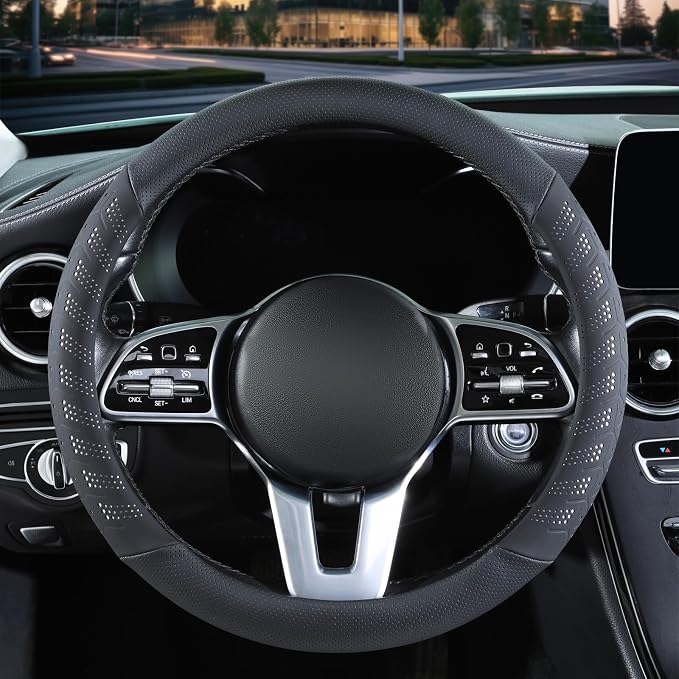 3D Slim Soft 15 inch Leather Steering Wheel Cover Black with White | Breathable Anti-Slip Premium Skin-Feel Perforated Thin Nappa Leather, Universal 14.5 inch to 15 inch