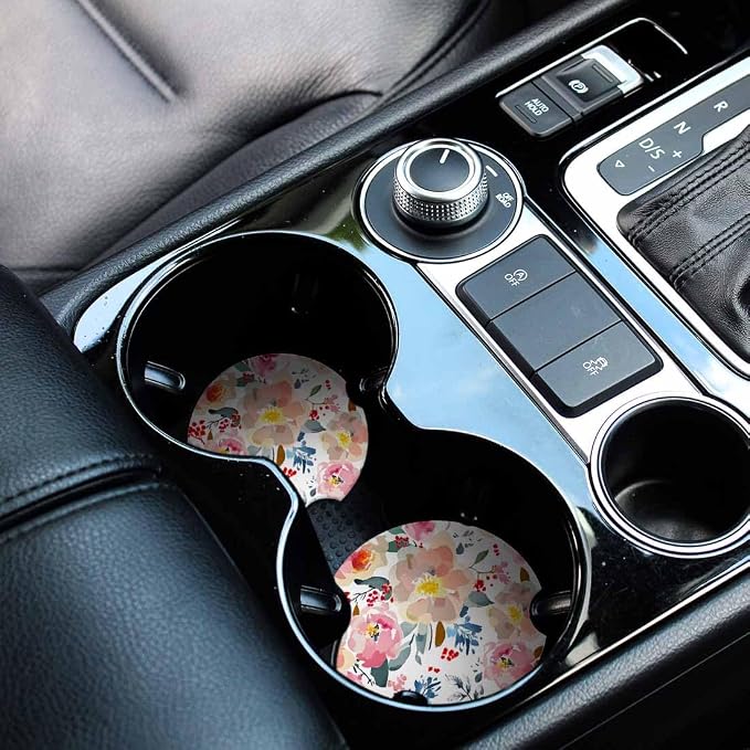 Romantic Floral 2 Pack Car Cup Holder Coaster Spring Garden Colorful Plants Anti Slip Insert Absorbent Ceramic Car Coaster with Cork Base and Finger Notch Cute Car Accessories Interior for Women Men
