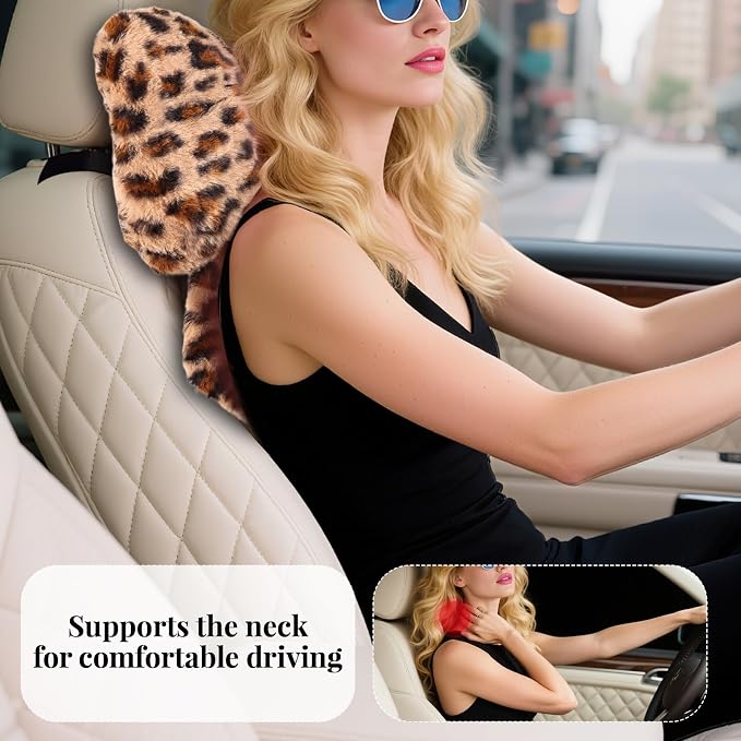2 Pack Bow Car Headrest Pillow Comfortable Soft Plush Head Rest Cushion, Neck Pillow for Driving Office Use and Car Interior Decoration (Leopard)