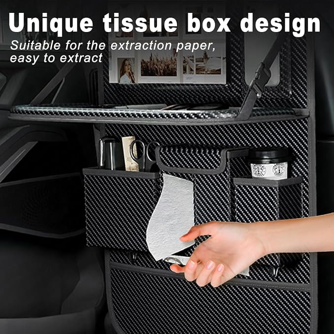 XDV Car Seat Organizers,Multi-functional Back Seat Protectors, Storage Pouches, and Tray Holders (for Cars, Kids, Seat Back and Rear Seats) (Carbon Fiber, 2 Pcs)