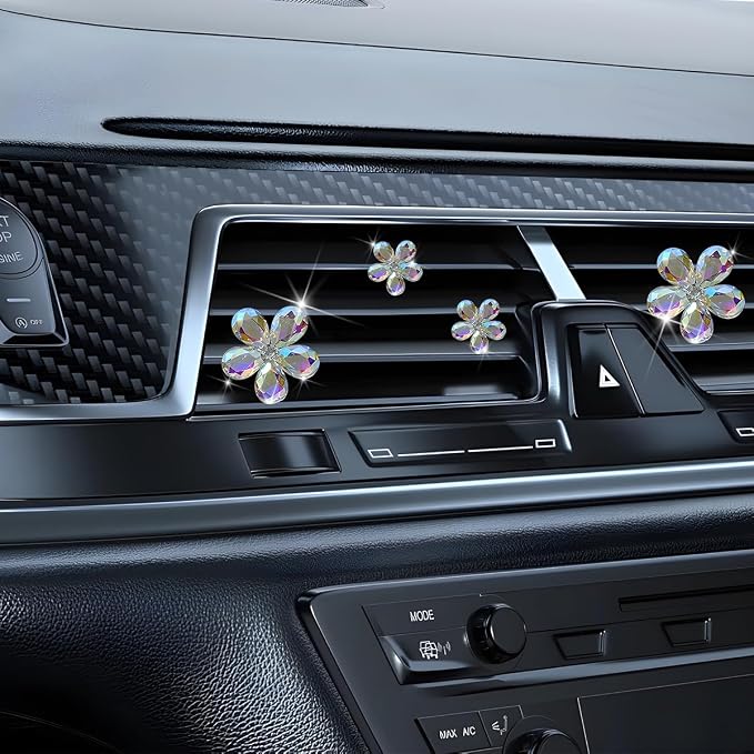 5PCS Bling Flower Car Air Vent Clips, Crystal Rhinestone Vehicle Air Conditioning Outlet Clip, Diamond Automotive Interior Decoration Charm, Universal for Automobile RV Truck (Multicolor)