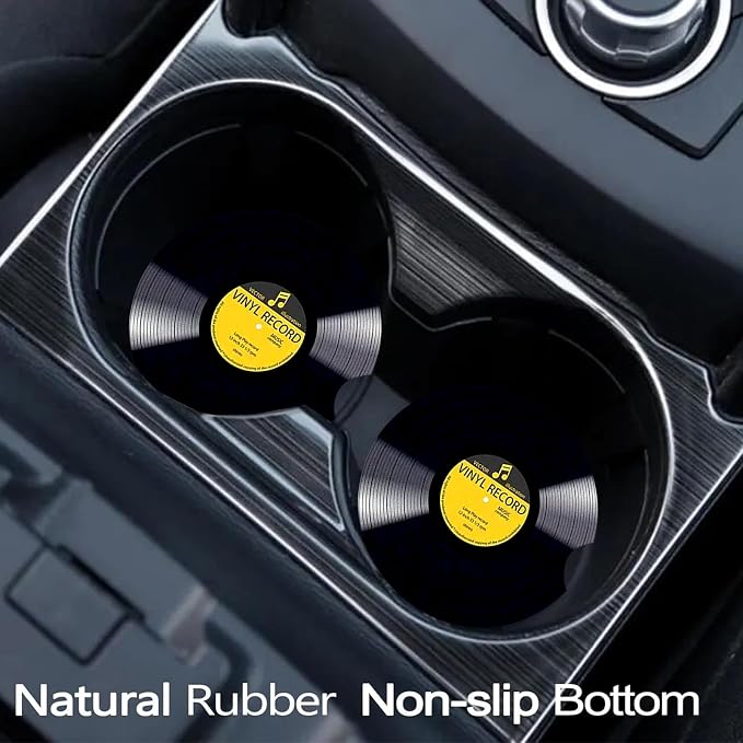 2 Pack Retro Vinyl Record Car Cup Holder Coasters Universal Neoprene Mat | 2.75" Universal Size Anti Slip Rubber Mat, Auto Cup Holder Accessories for SUV Truck, Retro Vinyl Record Gifts for Women Men