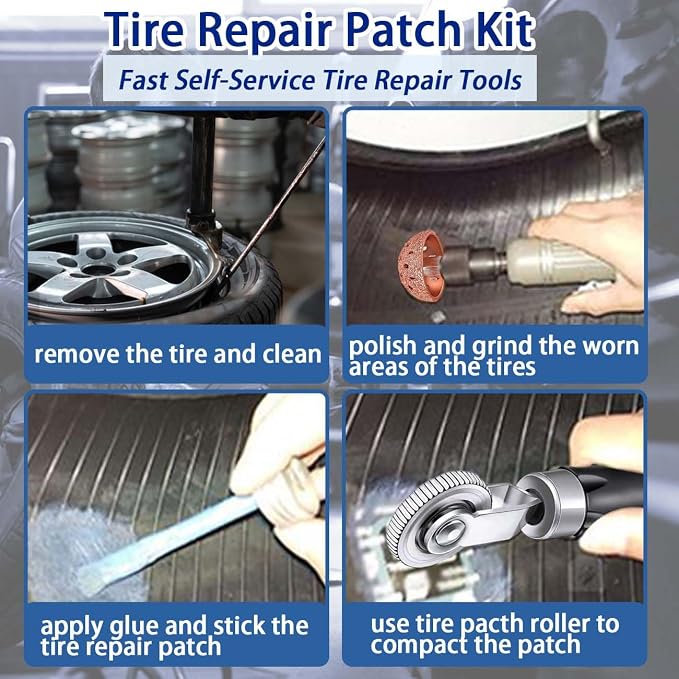 Tire Repair Patch Kit Heavy Duty, 35pcs Tire Repair Tools 42mm Tire Buffing Wheel 32/42/58mm Tire Patches with Tire Patch Roller Inner Liner Scraper for Car Motorcycle Bike Tractors Grinding