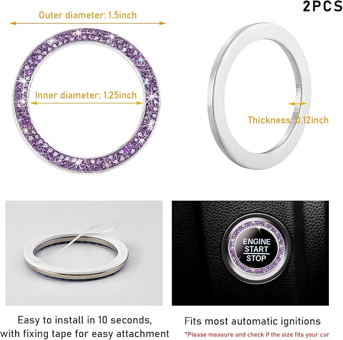 Kewucn 2 PCS Bling Crystal Double Rhinestone Car Engine Start Decoration Ring, Sparkling Push Start Button Sticker, Key Ignition & Knob Ring Decoration, Bling Car Interior Accessory(Purple)