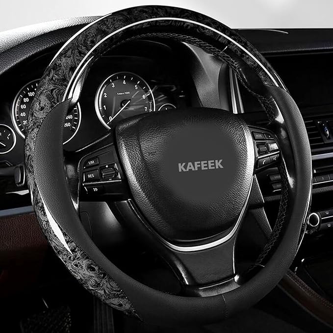 KAFEEK Classic Wood Grain Steering Wheel Cover, Fits 14.5-15" Wheels, Grey | Microfiber Leather, Comfortable Grip with Anti-Slip Inner Lining, Easy to Install for Cars, Trucks, SUVs