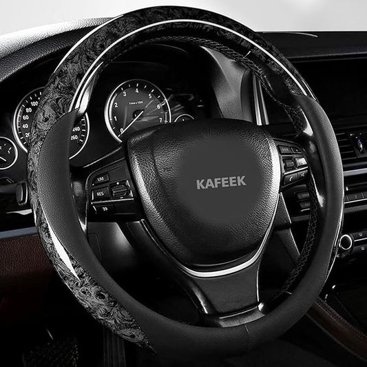 KAFEEK Classic Wood Grain Steering Wheel Cover, Fits 14.5-15" Wheels, Grey | Microfiber Leather, Comfortable Grip with Anti-Slip Inner Lining, Easy to Install for Cars, Trucks, SUVs
