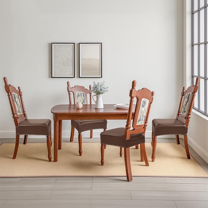 Waterproof Dining Chair Seat Covers Leather Kitchen Seat Covers, Stain Resistant Stretch Chair Seat Covers for Dining Room Chairs Set of 6, Rear Covered Washable Dining Chair Covers Coffee