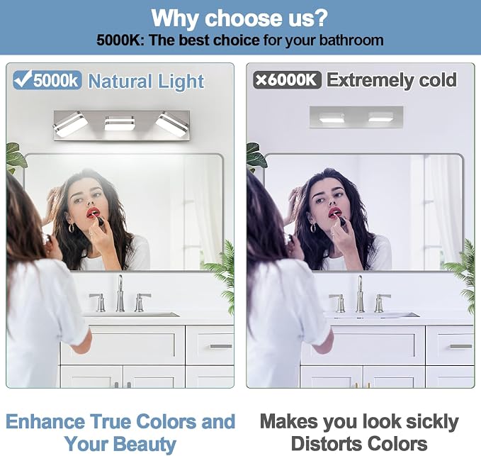 Torondo 360° Rotate LED Bathroom Vanity Light Fixtures, Acrylic Vanity Lights for Bathroom, Modern Wall Lighting Fixtures Over Mirror Living, Brushed Nickel, Natural White, 3-Light, 17-Inch