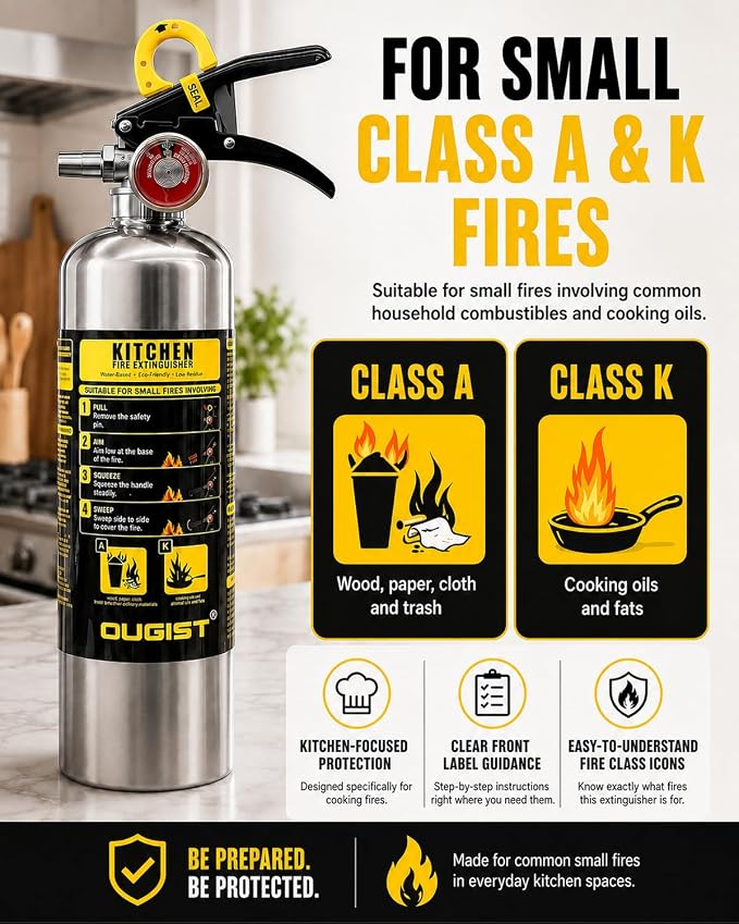 Ougist Class K Fire Extinguisher for Kitchen, 1-A:K, 40 Fl Oz Wet Chemical | For Small Cooking Oil and Grease Fires with Quick-Pull Access and Easier Cleanup for Kitchen and Food Truck Use