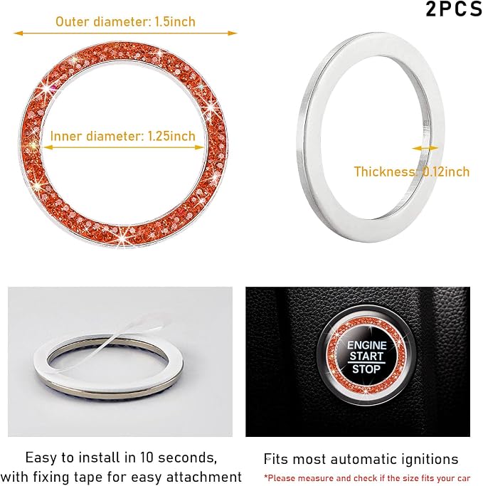Kewucn 2 PCS Bling Crystal Double Rhinestone Car Engine Start Decoration Ring, Sparkling Push Start Button Sticker, Key Ignition & Knob Ring Decoration, Bling Car Interior Accessory(Orange)