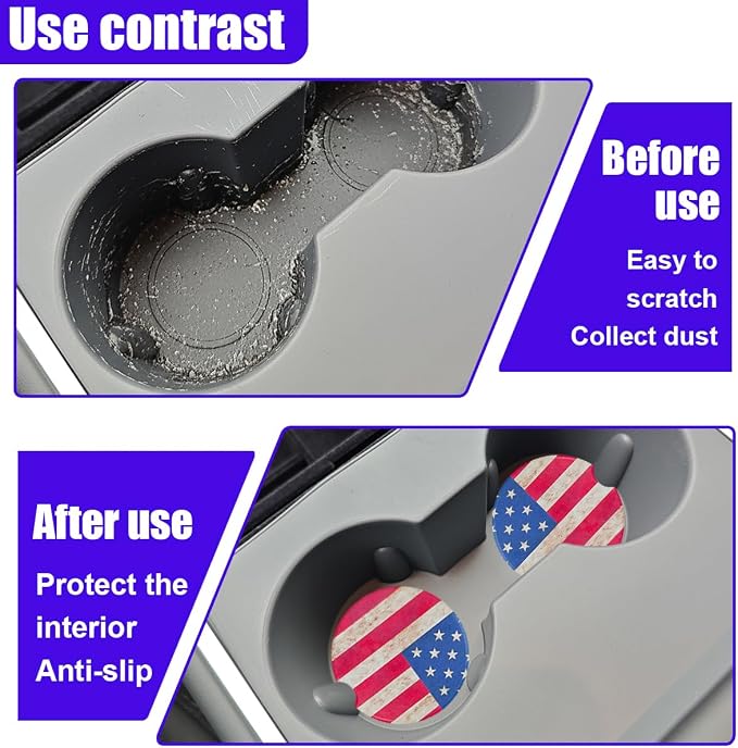 Craedli 2PCS American Flag Car Coasters for Cup Holders, 2.51" Absorbent Ceramic Anti-Slip Drink Insert Car Cup Holder Coaster with Finger Notch, Universal Auto Interior Accessory for Women Men (Red)