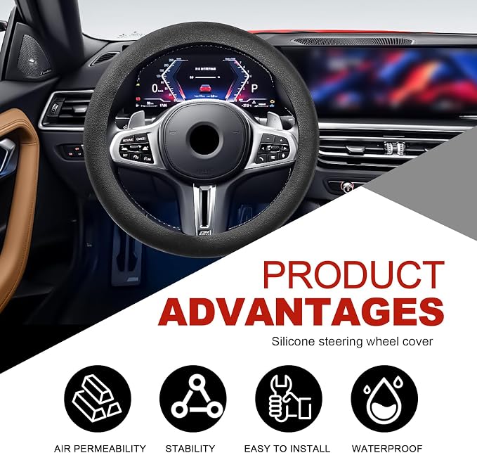 Silicone Steering Wheel Cover - Thicker Universal Stretchy & Anti-Slip Grips, Universal Fit 14"-16" Silicone Steering Wheel Protector for Men and Women, Car Interior Accessory (Black)