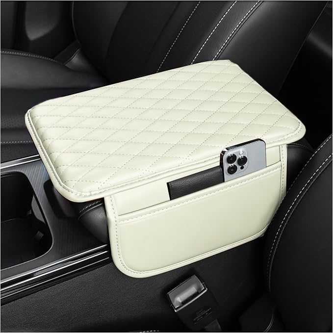 Stacool Upgraded Car Center Console Cover,Microfiber Leather Car Armrest Cover Cushion with 2 Storage Bags,Universal Car Armrest Storage Box (Cream)