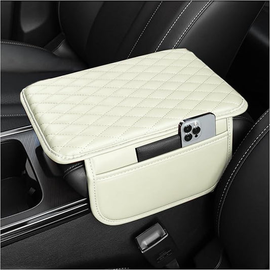 Stacool Upgraded Car Center Console Cover,Microfiber Leather Car Armrest Cover Cushion with 2 Storage Bags,Universal Car Armrest Storage Box (Cream)