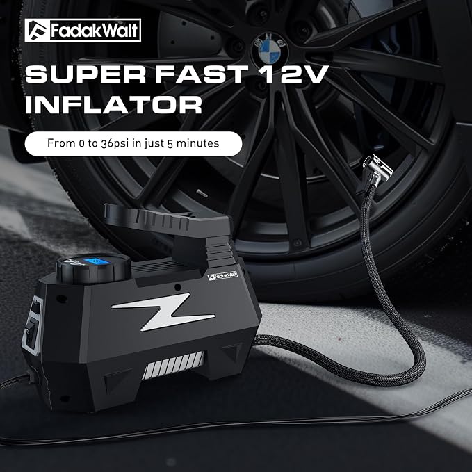 FADAKWALT Tire Inflator Portable Air Compressor, 12V DC Car Air Pump with Auto Shutoff, 150 PSI Digital Gauge, LED Light, Metal Valve Connector, Accessories for Cars, Large, Sliver