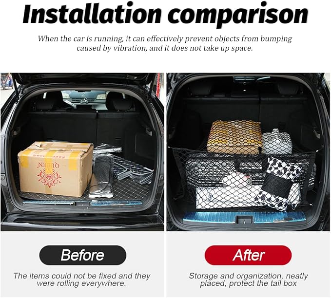 Car Rear Cargo Net, Adjustable Elastic Vehicle Double-Layer Mesh Storage Bag with Hooks, Stretchable Automotive Trunk Organizer Net, Universal for Sedan, RV, Truck (35.43" x 11.81")