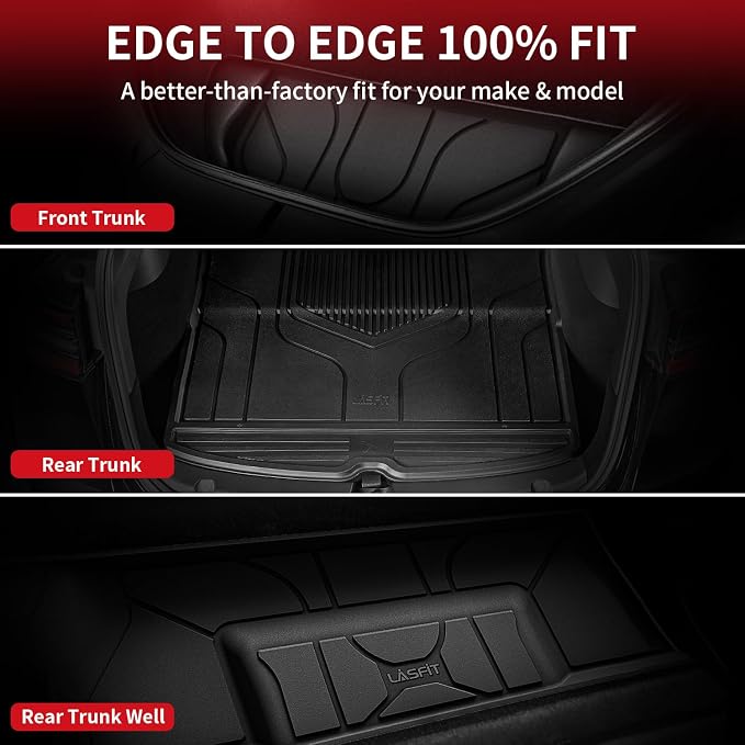LASFIT Premium Extra Thick Trunk Mats for Tesla Model S & Plaid 2021-2025 | 100% TPE All Weather Custom Fit Frunk Mat Sub Trunk Mat Cargo Liner Set, 3PC Black
