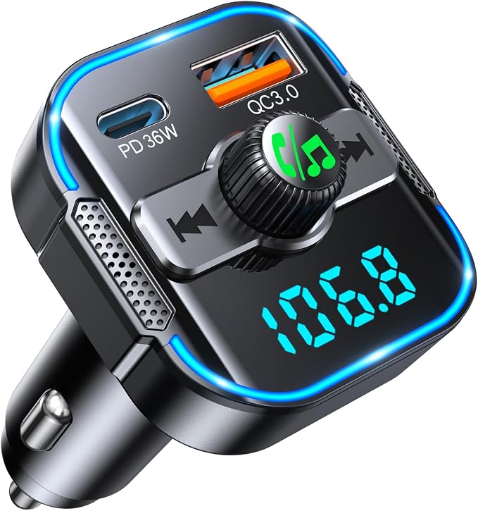 RIWUSI Bluetooth 5.3 Car Adapter【PD 36W+QC3.0 18W】, 2-in-1 FM Bluetooth Transmitter 【Dual Stronger Mics】& Fast Car Charger, Wireless FM Radio Adapter Hands-Free Calling, Siri Assistant, Black