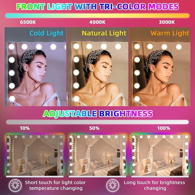 VANITII Vanity Mirror with RGB Lights 32"x23" Hollywood Makeup Mirror with 18 Dimmable Bulbs Lighted Vanity Mirror with Smart Touch for Bedroom Dressing Room