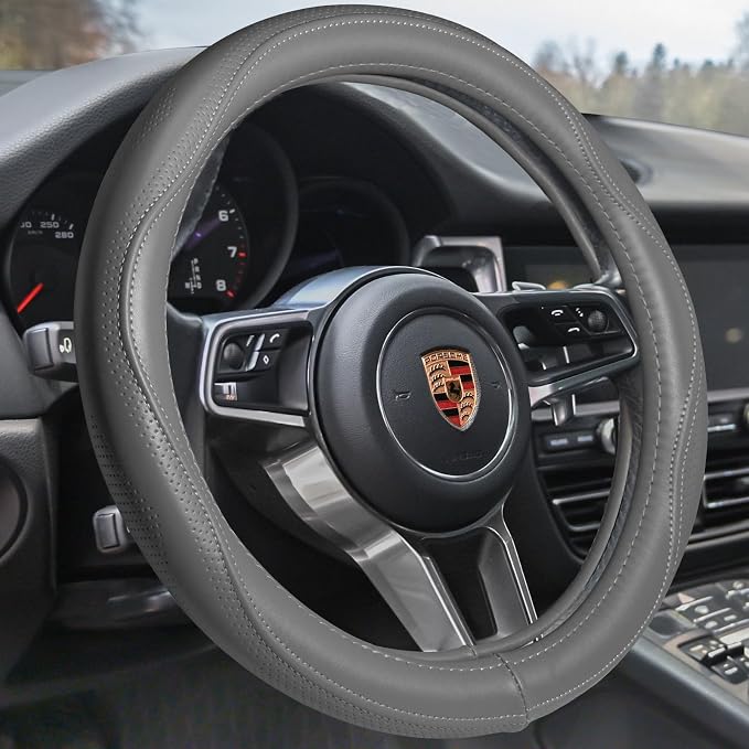 HAOKAY Top Grade Gray Genuine Leather Steering Wheel Cover Men Women, Luxury Steering Wheel Cover for Cars, SUVS and Trucks, Universal 14.5-15 inch