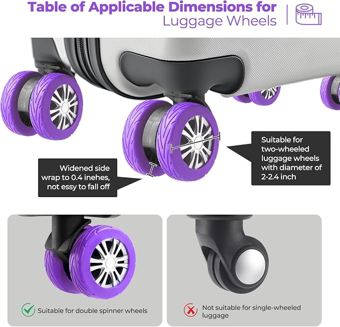 8Pcs Upgrade Luggage Wheel Covers, Travel Accessories (Purple) | Wear-resistant & anti-noise silicone covers. Fits 2-2.4" wheels. Protects suitcase wheels. Travel essential for suitcases