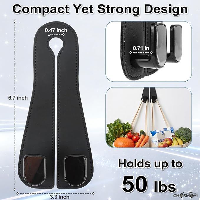 CHOSMOYI 2 Packs Car Seat Hooks, Leather Car Headrest Hook, Car Purse Hook Seat Back Hanger Storage Organizer, Car Hook for Purses and Bags(Black)