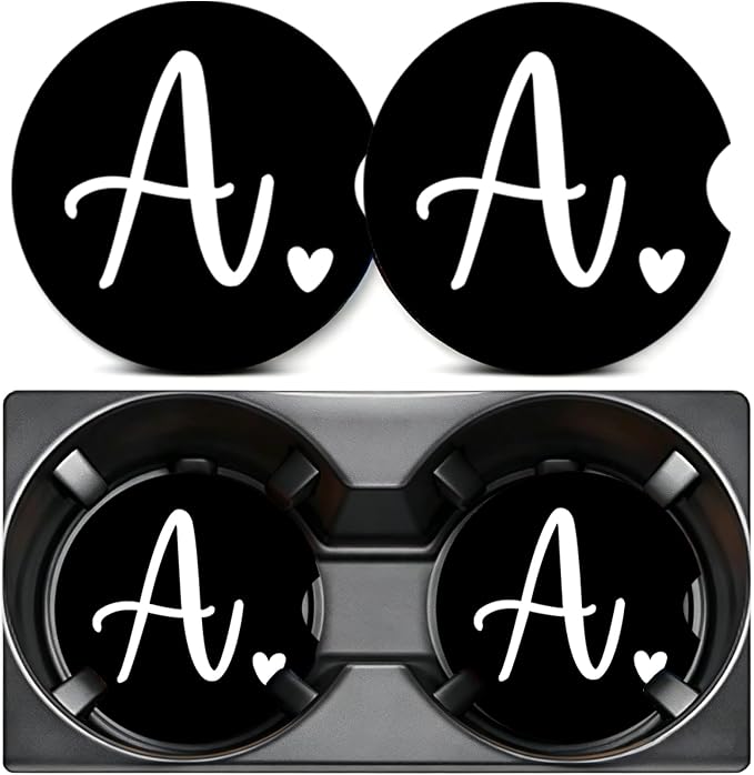 2PCS Initial A Car Cup Holder Coasters,Simple Initial Car Coasters Cars Accessories Interior Decor Universal Neoprene 2.75" Anti-Slip Rubber Mat with Finger Slot,Monogram Gifts for Women, Men, Driver