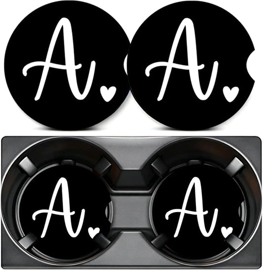 2PCS Initial A Car Cup Holder Coasters,Simple Initial Car Coasters Cars Accessories Interior Decor Universal Neoprene 2.75" Anti-Slip Rubber Mat with Finger Slot,Monogram Gifts for Women, Men, Driver