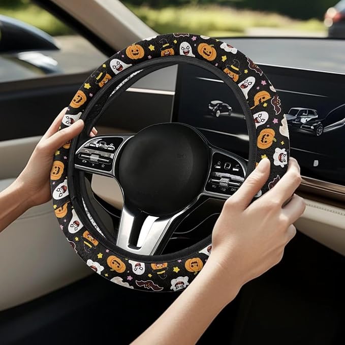 AFPANQZ Elastic Steering Wheel Cover Non-Slip Steering Wheel Protection | Ghost Pumpkin Print, Halloween Decor, Steering Wheel Protector No Smell Fashion Machine Washable Universal