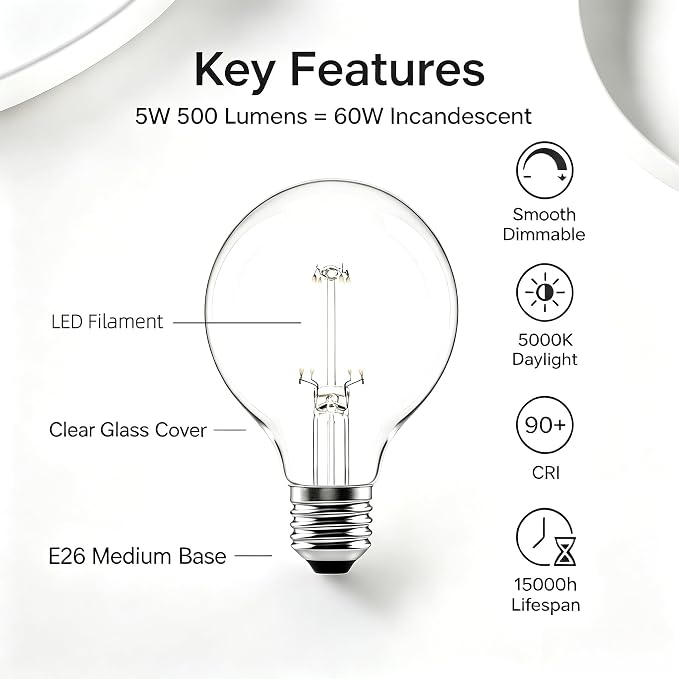 G25 LED Globe Light Bulbs, 60W Equivalent 500 Lumens, E26 Base Dimmable 5000K Daylight, CRI 90+ Edison Vanity Light Bulbs for Bathroom Mirror, Bedroom, Kitchen, Clear Glass, 4 Pack