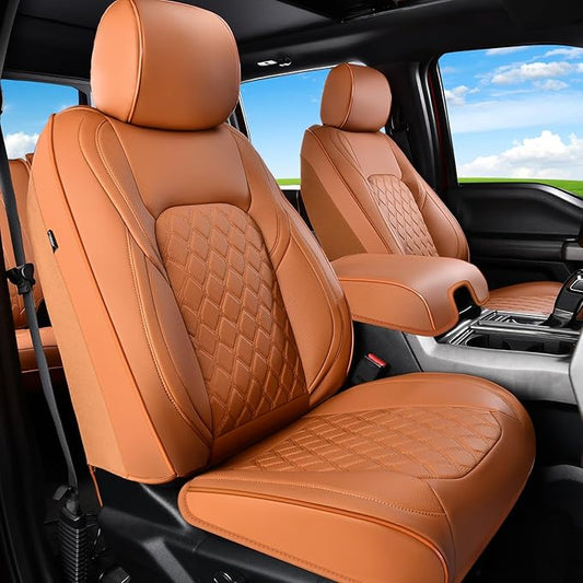 Huidasource F150 Truck Seat Covers Fit for 2015-2026 Ford F150 & 2017-2026 F250 F350 F450 Crew Cab XL XLT Lariat King Ranch Platinum, Full Coverage Leather Automotive Seat Cover(Full Set/Brown)