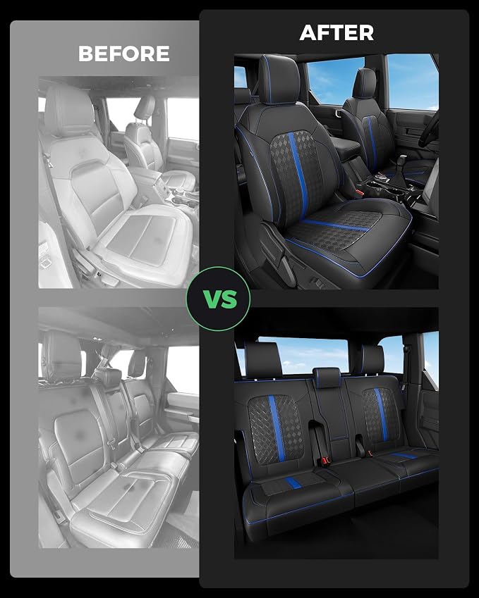 Custom Fit Leather Seat Covers for 2021-2026 Ford Bronco 4 Door | OEM fit, premium waterproof leather, full coverage, anti-slip, storage pockets, long-term durability, airbag compatible