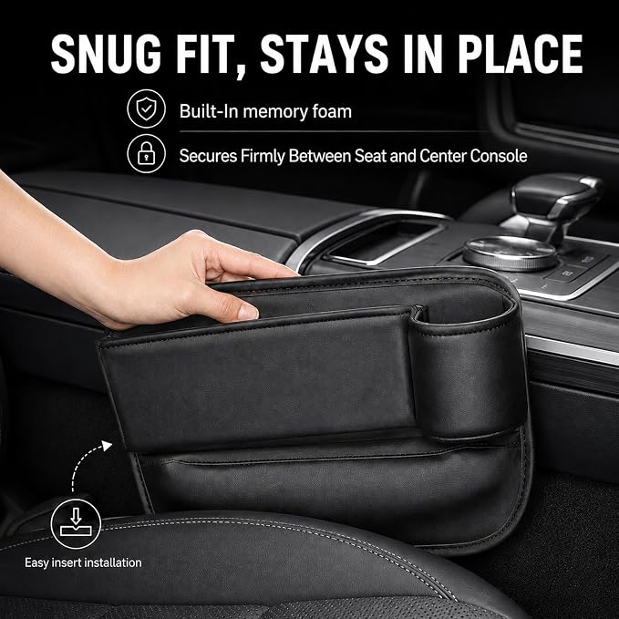 2 Pack Car Seat Gap Filler with Cup Holder – Anti-Drop Design | Universal PU Leather Seat Gap Organizer, Storage Box with Pockets & Cup Holders – Fits Most Vehicles
