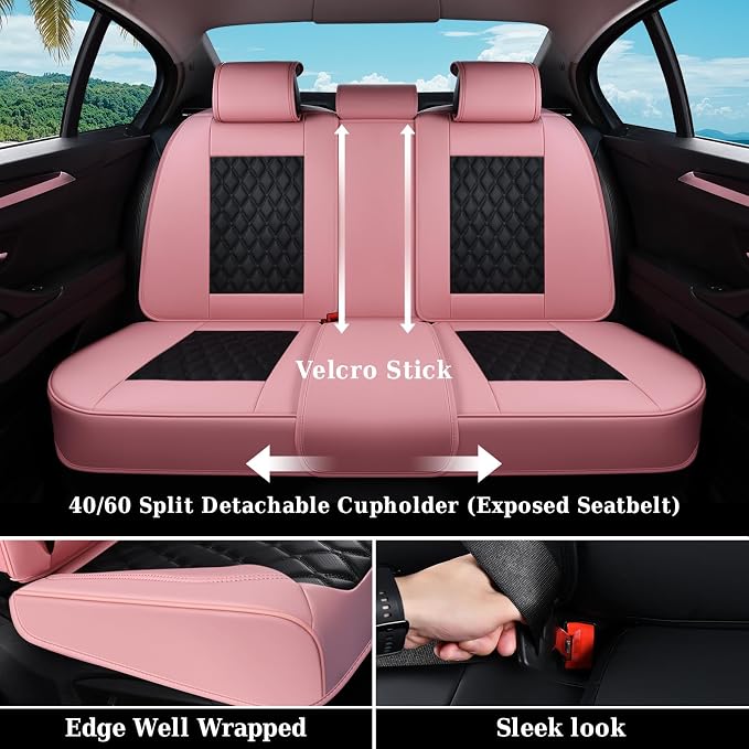 Coverado Universal Car Seat Covers Full Set, Stylish Waterproof Faux Leather Front & Rear Seat Protectors for Sedan SUV Truck, Luxury Fashion Interior – PinkBlack