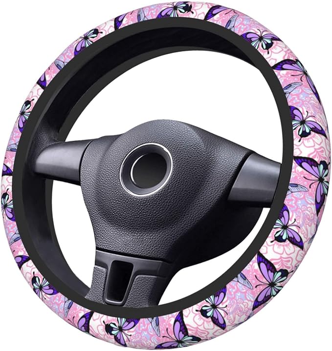 Pink Floral Purple Butterfly Pretty Steering Wheel Cover For Women Men Girls Car Accessories Decor Anti-Slip Neoprene Auto Steering Wheel Covers Protector Universal 15 Inch