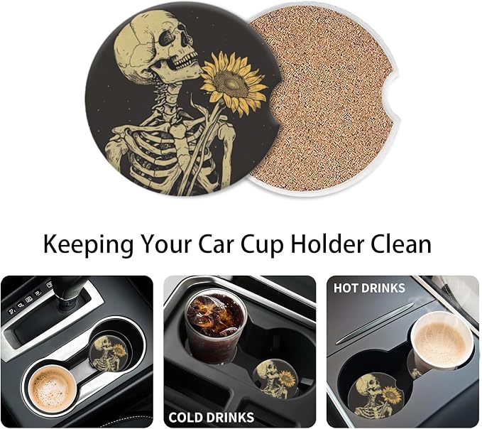 Cup Holder for Car,Skull Embracing A Sunflower Design Ceramic Coasters Non-Slip Cup Holder Insert with Fingertip Grip, Auto Interior Accessories for Women & Men,Pack of 2, 2.56In