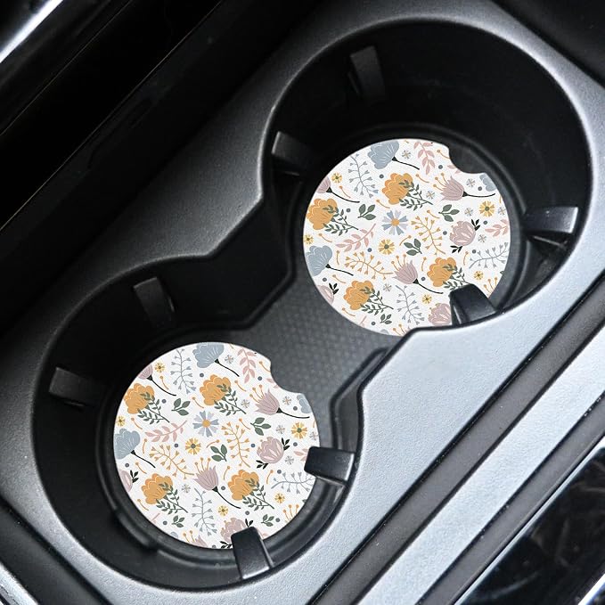 2pcs Cute Yellow Flowers Cute Flowers Car Coasters,Absorbent Universal neoprener Cup Holder Coasters with a Finger Notch,Car Accessories for Women&Man Interior，2.75" 6