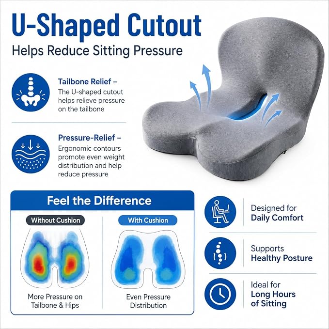 Memory Sponge Cushion, Pressure reducing Cushion, Ergonomic, Lumbar Support Pillow (All Black)