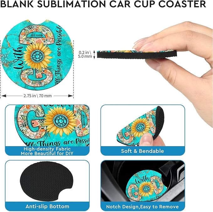 2 Pack Christian Encourage Car Cup Holder Coasters Universal Neoprene Mat | 2.75" Universal Size Anti Slip Rubber Mat, Auto Cup Holder Accessories for SUV Truck, Christian Gifts for Women Men Mom