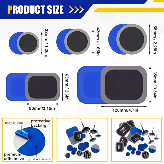 Tallew 148 Pcs Heavy Duty Tire Patches Kit Rubber Radial Tire Repair Patch Plug Kit Repair Emergency Tool for Puncture Car Truck Bus Tractor Vehicle Motorcycle 32mm, 42mm, 58mm, 65x80mm, 85x120 mm