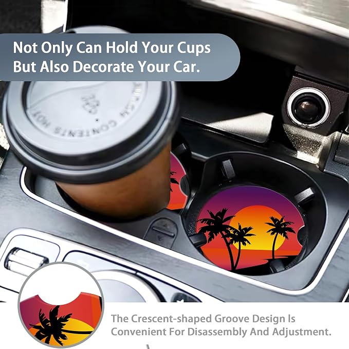 Tropical Palm Trees Coasters for Car & Beach Sunset Cute 2 Pack Anti Slip Ceramic Car Cup Holder Accessories with Finger Notch for Women & Men 2.56"