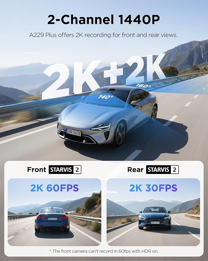 VIOFO A229 Plus Dash Cam Front and Rear, 2K Dual STARVIS 2 Sensors & HDR | 1440P+1440P Car Dash Camera, 5GHz Wi-Fi, Smart Voice Control, Ultra-Precise GPS, Built-in Supercapacitor, 24H Parking Modes