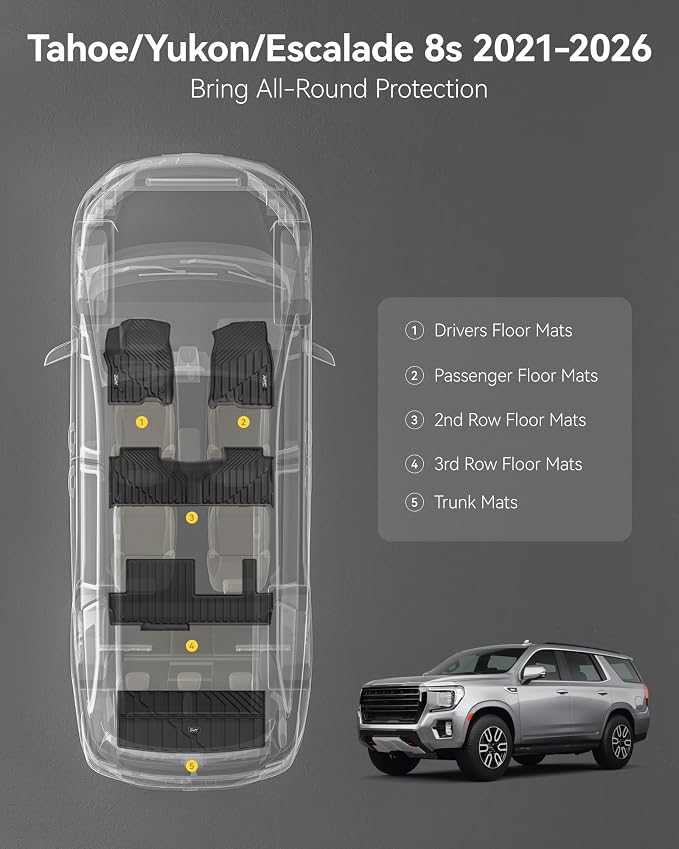 3W Floor Mats & Cargo Liner for 2021-2025 2026 Chevrolet Tahoe/GMC Yukon (Only for 8 Seats, Not for XL), All Weather Protection Anti-Slip & Durable TPE Full Set Liners Automotive Accessories