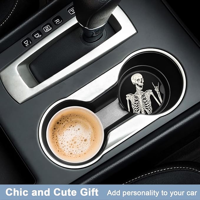 Nipichsha Car Coasters for Cup Holders, 2 Pack Absorbent Ceramic Car Cup Holder Coaster for Drinks, Cute Auto Assecories for Women Men, Size 2.56 in with Finger Notch & Cork Base, Skull