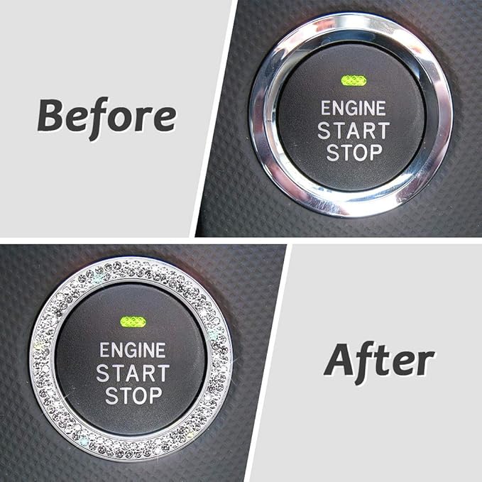 ToBeQueen Car Bling Ring Crystal Car Stickers Rings Womens Car Decals,2Pcs Push Start Button Bling Ignition Ring Sticker,Bling Car Interior Accessory for Women,Silver