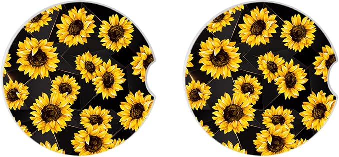 Sunflowers Absorbent Car Coasters 2 Pack for Cup Holders, 2.56" Ceramic Stone & Non-Scratch Cork Base Drink Coasters, Auto Accessories for Women & Men
