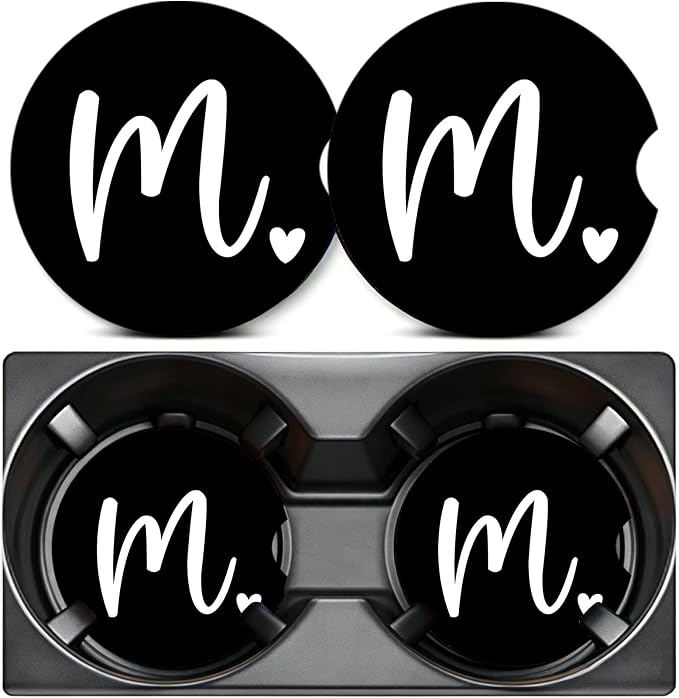 2PCS Letter M Car Cup Holder Coasters,Simple Initial Car Coasters Cars Accessories Interior Decor Universal Neoprene 2.75" Anti-Slip Rubber Mat with Finger Slot,Monogram Gifts for Women, Men, Driver